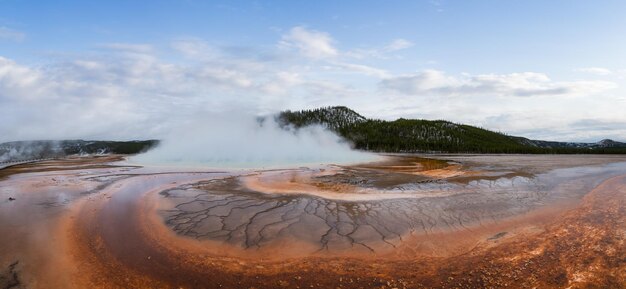 Hot spring geyser with colorful water in american landscape