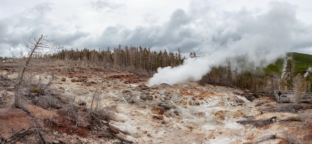 Hot spring geyser with colorful water in american landscape