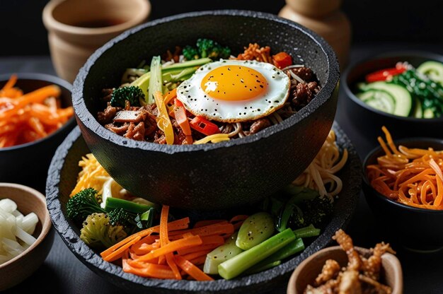 Photo hot stone bibimbap with fresh vegetables and egg generated by ai