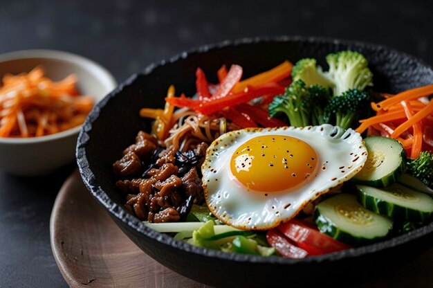 Photo hot stone bibimbap with fresh vegetables and egg generated by ai