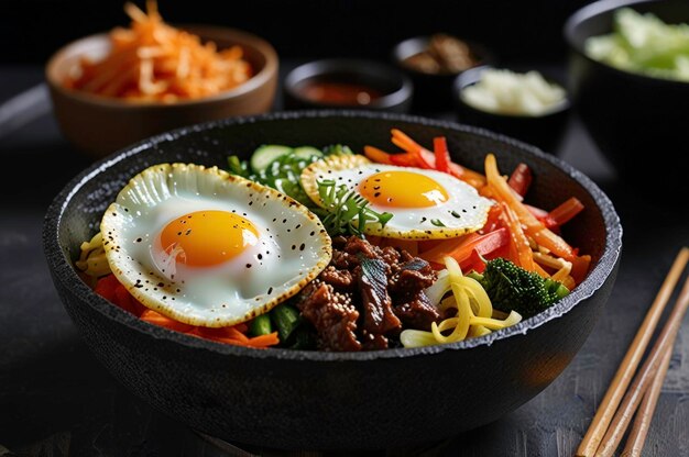 Photo hot stone bibimbap with fresh vegetables and egg generated by ai