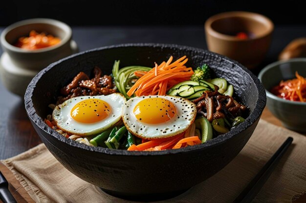 Photo hot stone bibimbap with fresh vegetables and egg generated by ai