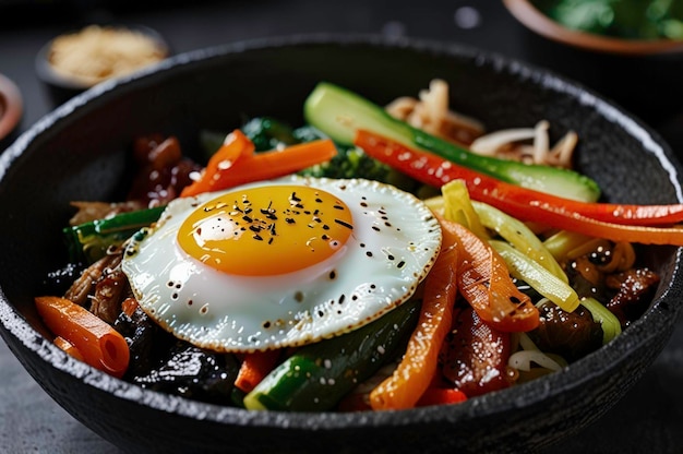 Photo hot stone bibimbap with fresh vegetables and egg generated by ai