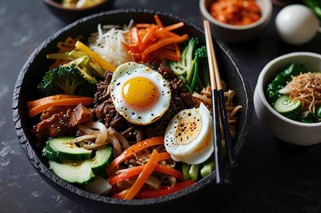 Photo hot stone bibimbap with fresh vegetables and egg generated by ai