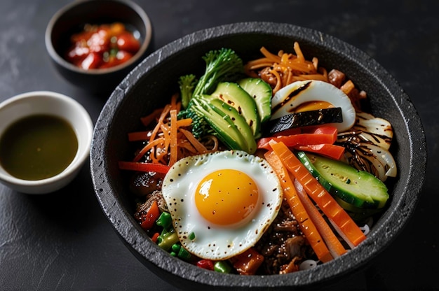 Photo hot stone bibimbap with fresh vegetables and egg generated by ai