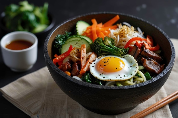 Hot Stone Bibimbap with Fresh Vegetables and Egg Generated by Ai