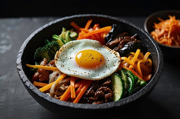 Photo hot stone bibimbap with fresh vegetables and egg generated by ai