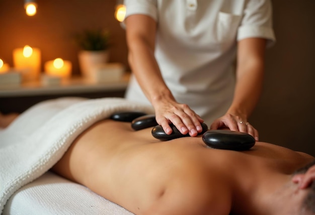 Photo hot stone massage therapy in a relaxing spa with candlelight