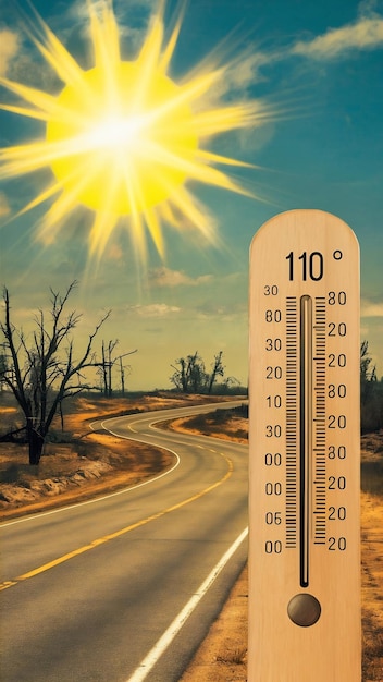 Hot summer or heat wave background bright sun with thermometer