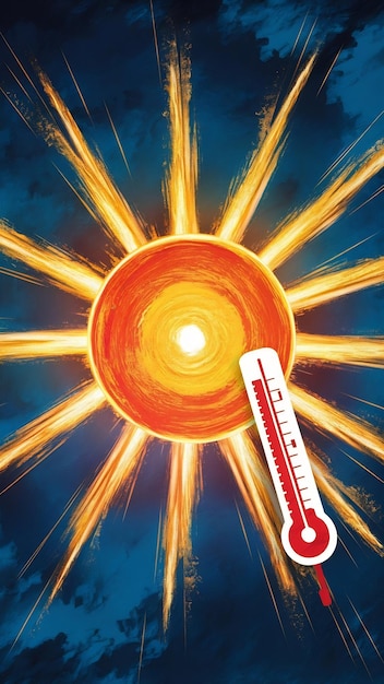 Hot summer or heat wave background glowing sun on blue sky with thermometer