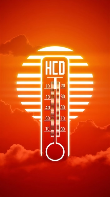 Hot summer or heat wave background glowing sun on orange sky with thermometer