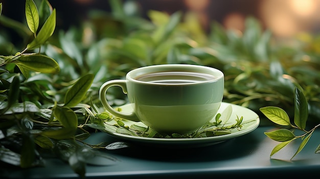 Hot tea advertisement Realistic green tea cup teabag and leaves on the table with blurred backgro