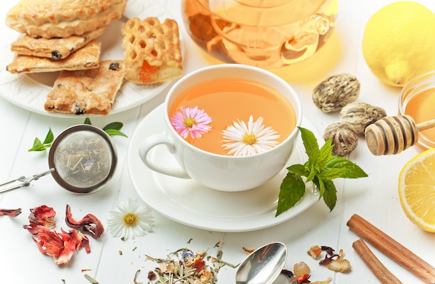 Hot tea in a cup on a white background.