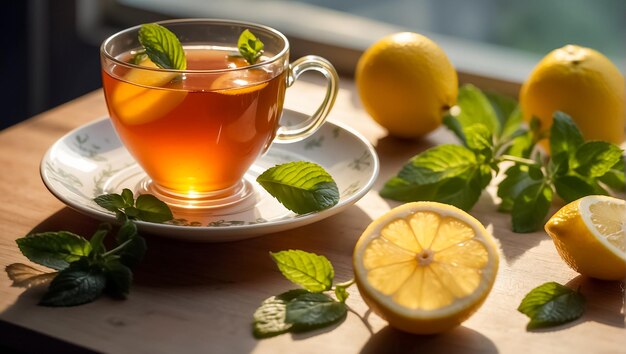 Hot tea with lemon mint in the kitchen