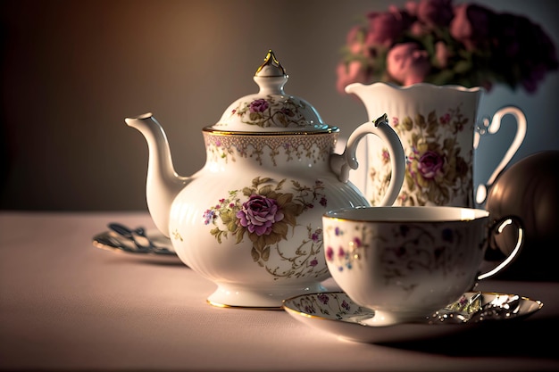 Hot Teapot And Teacups vintage Tea Set Generative AI