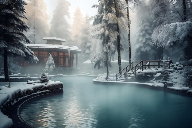 Hot thermal spring in the middle of snowy forest and mountains Near the source there is a hotel