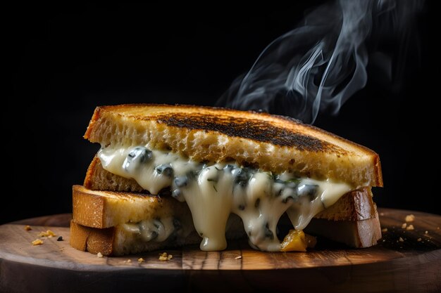 Photo hot toast with melted cheese on wooden board on black background generative ai