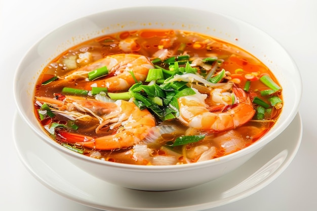 Hot Transparent Soup with Seafood in White Plate Isolated Sour Spicy Bouillabaisse Tom Yam Miso