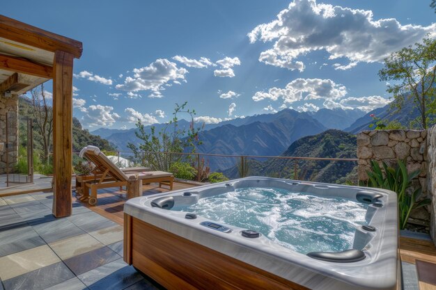 Photo hot tub on patio with mountain view surrounded by natural landscape