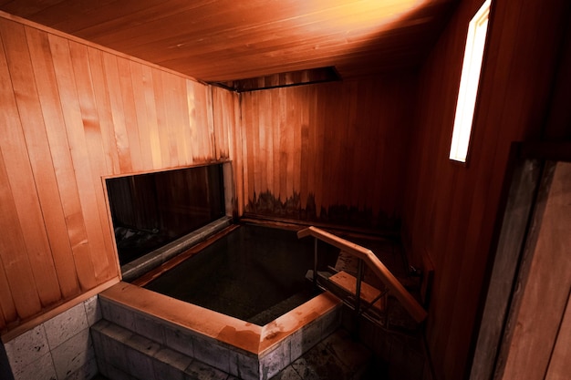 A hot tub in a wooden house