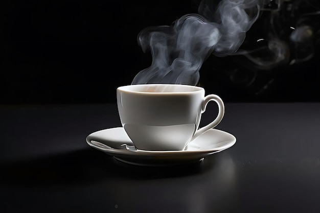 A hot white coffee cup and smoke with coffee beans