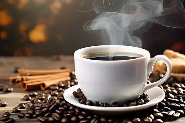 A hot white coffee cup and smoke with coffee beans