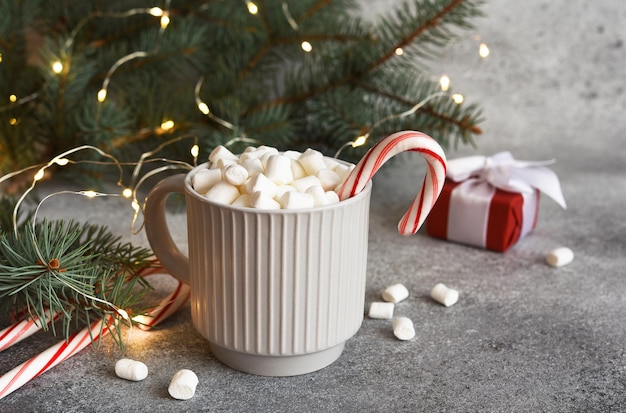 Hot winter drink. Hot chocolate with marshmallow with fir and decoration. New Year. Christmas.