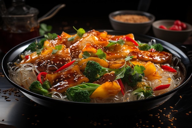 Hot wok chinese cellophane noodles in a pan with a spatula