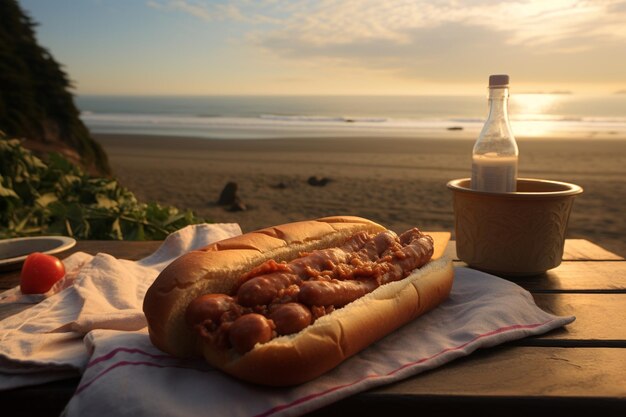 A hotdog on a scenic picnic table overlooking a sunset beach