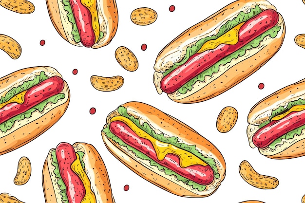 Hotdog seamless background hand drawn art Fast food continuous pattern from sketchy hot dogs