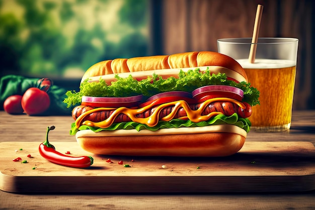 Hotdog with delicious sausage filling with ketchup and green lettuce on wooden table