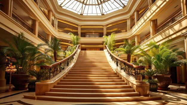 Hotel atrium with grand staircase and natural light flow Arthouse interior rich and presentable appearance foyer marble hostel Advertising image concept for hotels Generative by AI