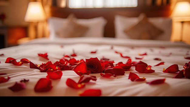 Photo a hotel bed with rose petals scattered across the white linens