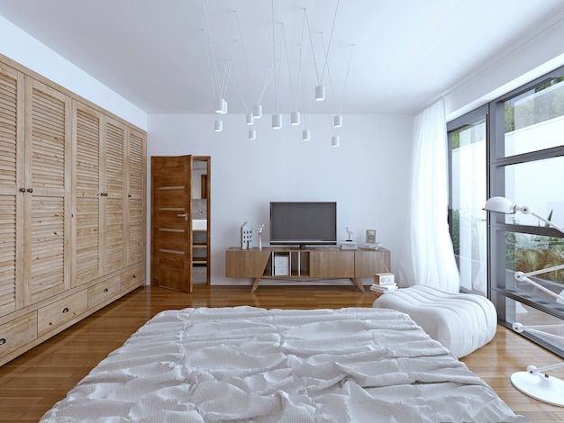 Hotel bedroom design with TV and door to the bathroom.