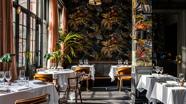 Photo hotel dining room features botanical wallpaper and silk drapes