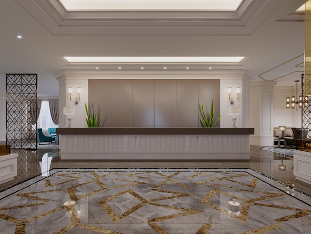 Hotel foyer with reception desk and columns in classic interior design 3D rendering