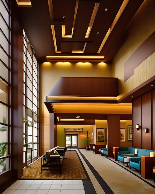 Hotel interior design with pronounced elevations and troughs for a greater sense of movement