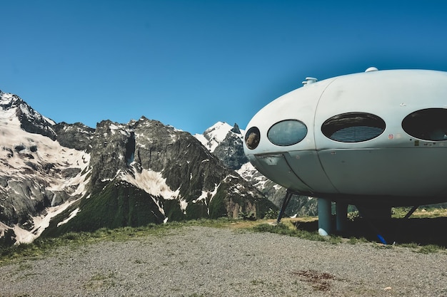 Hotel is in the form of a flying saucer on the mountain flying saucer in the mountains UFO