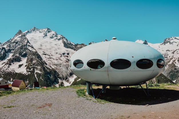 Hotel is in the form of a flying saucer on the mountain flying saucer in the mountains UFO