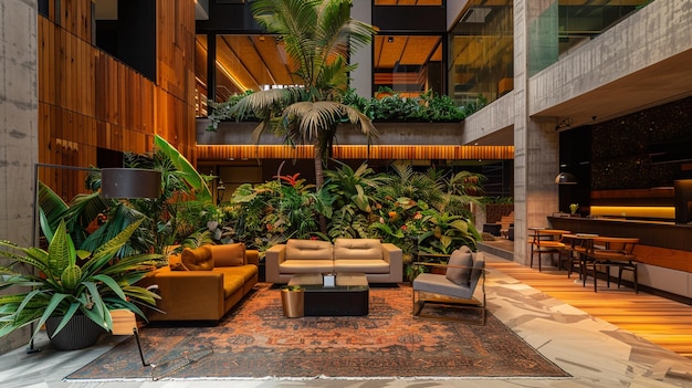 Photo hotel lobby features botanical garden and sustainable design