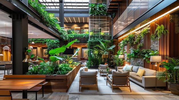 Hotel lobby features botanical garden with sustainable design