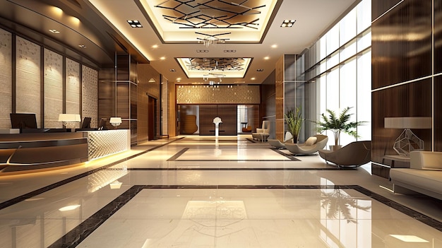 The hotel lobby features an elegant reception desk and modern interiors Comfort minimalism tiles marble reception luxury main hall Advertising image concept for hotels Generative by AI