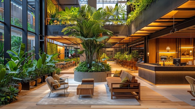 Hotel lobby featuring a botanical garden with natural wood accents and sustainable design