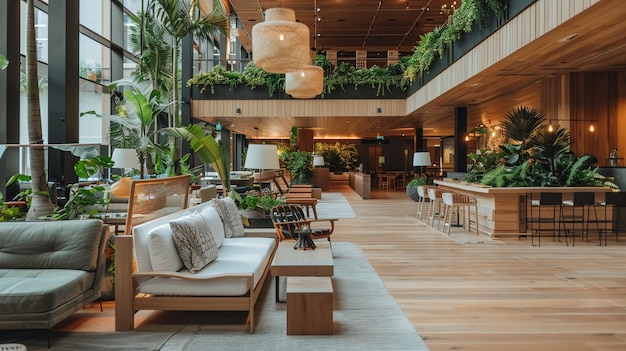 Hotel lobby featuring a botanical garden with natural wood accents and sustainable design