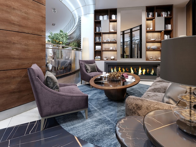 Hotel lobby rest area with fireplace and half-books. 3D Rendering