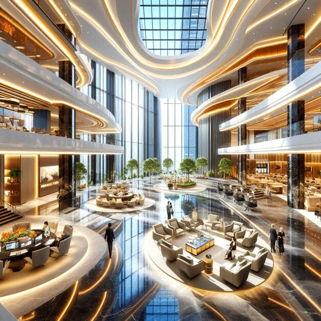 a hotel lobby with a large lobby and a large glass ceiling