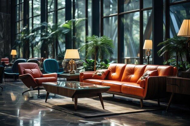 Hotel lobby with retro style furniture professional advertising photography