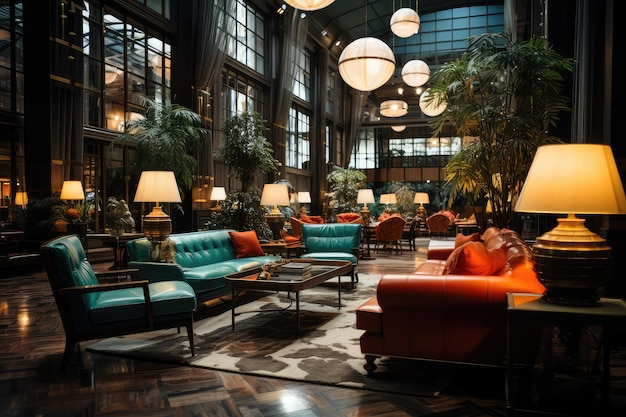 Hotel lobby with retro style furniture professional advertising photography