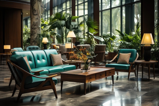 Hotel lobby with retro style furniture professional advertising photography