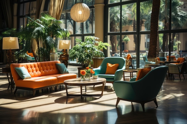 Hotel lobby with retro style furniture professional advertising photography